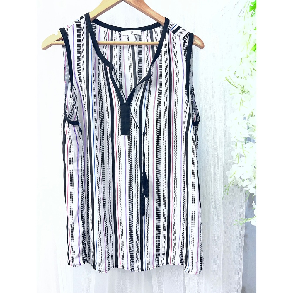 Roz & Ali Womens 1X Sleeveless Blouse Black White Stripe Tassel Split Neck Top